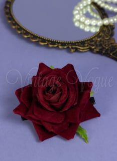 Forever Fifties Fermaglio per capelli con fiore di rosa retrò vintage in velluto rosso vino