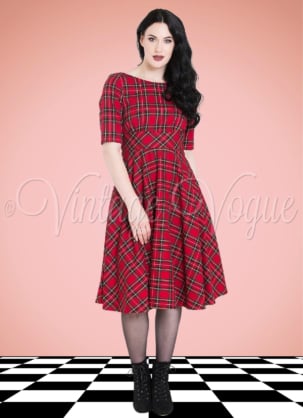 Hell Bunny Vintage Retro Tartan Karo Kleid Irvine 50's Swing Dress in Rot 50er Jahre Petticoat Damenkleid Winterkleid Weihnachtskleid kariert
