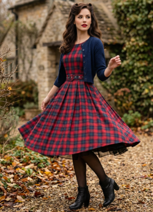 Rot blaues Vintage Kleid Damen Ärmelloses Vintage Kleid Tartan Kleid Damen Schottenmuster Kleid Karokleid Damen 50er Jahre Kleid Swing Kleid Damen Petticoat Kleid Vintage Damenkleid Glockenrock Kleid Kellerfalten Kleid Festliches Kleid Damen Winterkleid Damen Dolly and Dotty Kleid Retro Kleid Damen