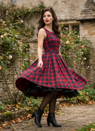 Rot blaues Vintage Kleid Damen Ärmelloses Vintage Kleid Tartan Kleid Damen Schottenmuster Kleid Karokleid Damen 50er Jahre Kleid Swing Kleid Damen Petticoat Kleid Vintage Damenkleid Glockenrock Kleid Kellerfalten Kleid Festliches Kleid Damen Winterkleid Damen Dolly and Dotty Kleid Retro Kleid Damen