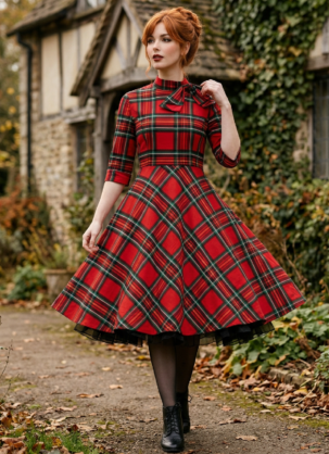 Rotes Vintage Kleid Damen Tartan Kleid Damen Schottisches Karokleid 50er Jahre Kleid Swing Kleid Damen Petticoat Kleid Retro Kleid Damen Karokleid Damen Herbstkleid Damen Winterkleid Damen Banned Retro Kleid Vintage Mode Damen Rockabilly Kleid A-Linien Kleid Damen Festliches Damenkleid