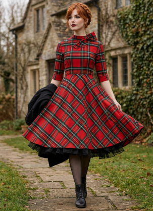 Rotes Vintage Kleid Damen Tartan Kleid Damen Schottisches Karokleid 50er Jahre Kleid Swing Kleid Damen Petticoat Kleid Retro Kleid Damen Karokleid Damen Herbstkleid Damen Winterkleid Damen Banned Retro Kleid Vintage Mode Damen Rockabilly Kleid A-Linien Kleid Damen Festliches Damenkleid