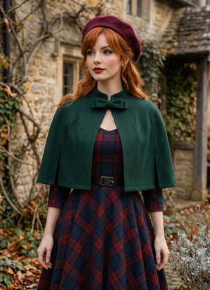 Capa elegante verde para mujer Capa de lana Sabrina - Capa elegante vintage para mujer con aspecto vintage perfecta con vestidos de Dolly and Dotty Capa vintage para mujer Capa verde para mujer Capa de lana para mujer Capa elegante para mujer Capa para mujer Capa retro de los años 50 Capa para mujer para vestido swing Capa de enagua Capa de otoño Capa de invierno para mujer Abrigo vintage alternativo para mujer Capa Dolly and Dotty Capa elegante para mujer Capa con lazo Moda vintage para mujer
