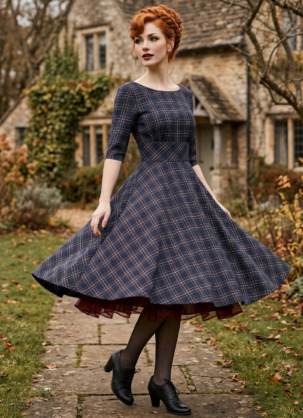 Blaues Damen Kleid mit Schottischem Karomuster Peebles - 50er Jahre Petticoat Swing Kleid Halbarm mit Tartan Schottenmuster von Hell Bunny Blaues Vintage Kleid Damen Tartan Kleid Damen Schottisches Karokleid 50er Jahre Kleid Swing Kleid Damen Petticoat Kleid Retro Kleid Damen Karokleid Damen Herbstkleid Damen Winterkleid Damen Hell Bunny Kleid Vintage Mode Damen Rockabilly Kleid Tellerkleid Damen Elegantes Damenkleid