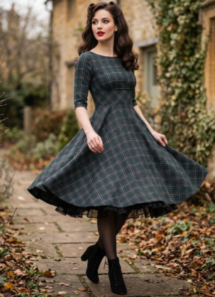 Grünes Vintage Kleid Damen Tartan Kleid Damen Schottisches Karokleid 50er Jahre Kleid Swing Kleid Damen Petticoat Kleid Retro Kleid Damen Karokleid Damen Herbstkleid Damen Winterkleid Damen Hell Bunny Kleid Vintage Mode Damen Rockabilly Kleid Tellerkleid Damen Elegantes Damenkleid