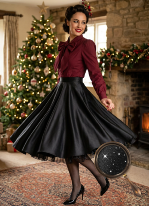 Black Festive Satin Skirt for Women, Circle Skirt with Shimmer Hazel - Elegant Burgundy High-Waisted Knee-Length Skirt for Women by Banned Retro Satin Skirt for Women, Black Circle Skirt for Women, Vintage Circle Skirt for Women, 50s Skirt for Women, Festive Skirt for Women, Elegant Satin Skirt, Knee-Length Circle Skirt, High-Waisted Skirt, Retro Skirt for Women, Swing Skirt for Women, Petticoat Skirt, Christmas Outfit for Women, New Year's Eve Outfit, Vintage Banned Retro Skirt, Elegant Vintage Skirt