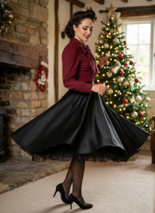 Black Festive Satin Skirt for Women, Circle Skirt with Shimmer Hazel - Elegant Burgundy High-Waisted Knee-Length Skirt for Women by Banned Retro Satin Skirt for Women, Black Circle Skirt for Women, Vintage Circle Skirt for Women, 50s Skirt for Women, Festive Skirt for Women, Elegant Satin Skirt, Knee-Length Circle Skirt, High-Waisted Skirt, Retro Skirt for Women, Swing Skirt for Women, Petticoat Skirt, Christmas Outfit for Women, New Year's Eve Outfit, Vintage Banned Retro Skirt, Elegant Vintage Skirt