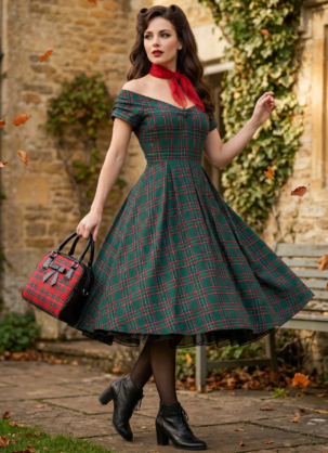 Robe vintage verte, robe Carmen pour femme, robe tartan pour femme, robe à carreaux pour femme, robe à jupon pour femme, robe années 50 pour femme, robe trapèze, robe vintage pour femme, robe à jupe cloche, robe plissée, robe de soirée pour femme, robe d'hiver pour femme, robe Dolly et Dotty pour femme, robe rétro