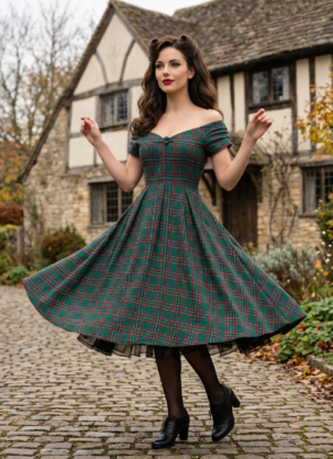 Robe vintage verte, robe Carmen pour femme, robe tartan pour femme, robe à carreaux pour femme, robe à jupon pour femme, robe années 50 pour femme, robe trapèze, robe vintage pour femme, robe à jupe cloche, robe plissée, robe de soirée pour femme, robe d'hiver pour femme, robe Dolly et Dotty pour femme, robe rétro