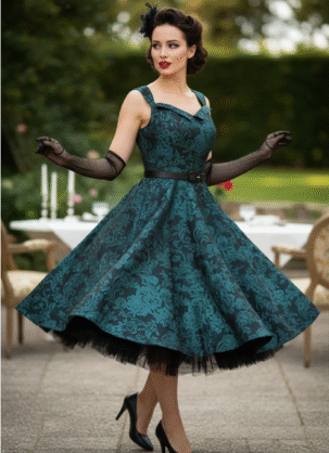 Vestido vintage azul con capa, festivo y elegante "Nina Taffeta Brocade Twin Set", vestido jacquard brocado, vestido vintage elegante para mujer, vestidos festivos, vestido de noche vintage.