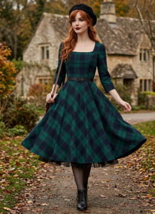 Blau Grünes Damen Flanell Kleid mit Schottischem Karomuster Greta - 50er Jahre Tartan Schottenmuster Petticoat Swing Kleid Langarm 50er Jahre Kleid Damen Flanell Kleid Damen Tartan Kleid Damen Schottenmuster Kleid Swing Kleid Langarm Petticoat Kleid Damen Vintage Kleid Herbst Retro Kleid Damen Forever Fifties Kleid Karokleid Damen britischer Vintage Stil Winterkleid Damen elegant Tellerrock Kleid Damen Vintage Flanellkleid Herbstkleid Damen Vintage