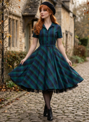 Robe-chemise bleue et verte, robe à carreaux femme, robe-chemise vintage femme, robe années 50, robe d'automne femme, robe en coton femme, robe Swing femme, robe cercle femme, robe rétro femme, robe à carreaux femme, robe ceinturée femme, robe rockabilly, robe jupon femme, robe vintage Forever Fifties, mode féminine