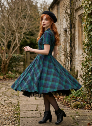 Robe-chemise bleue et verte, robe à carreaux femme, robe-chemise vintage femme, robe années 50, robe d'automne femme, robe en coton femme, robe Swing femme, robe cercle femme, robe rétro femme, robe à carreaux femme, robe ceinturée femme, robe rockabilly, robe jupon femme, robe vintage Forever Fifties, mode féminine