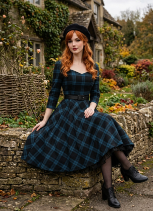 Blaues Damen Kleid mit Schottischem Karomuster Aurora - 50er Jahre Petticoat Swing Kleid Langarm mit Tartan Schottenmuster 50er Jahre Kleid Damen Blau schwarzes Kleid Tartan Kleid Damen Schottenmuster Kleid Karokleid Vintage Swing Kleid Langarm Petticoat Kleid Damen Vintage Kleid Herbst Retro Kleid Damen Forever Fifties Kleid britischer Country Style Winterkleid Damen elegant Tellerrock Kleid Damen Galatee Bag Vintage Mode Damen