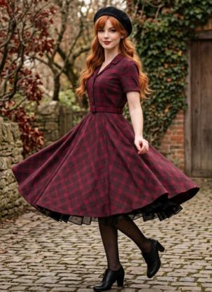 Overhemdjurk voor dames, geruite jurk voor dames, vintage overhemdjurk voor dames, jurk uit de jaren 50, geruite jurk voor dames, bordeauxrode jurk voor dames, herfstjurk voor dames, Swing jurk voor dames, cirkeljurk voor dames, retrojurk voor dames, katoenen jurk voor dames, jurk met knoopsluiting voor dames, Forever Fifties jurk voor dames, rockabillyjurk voor dames, petticoatjurk
