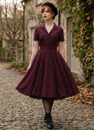 Overhemdjurk voor dames, geruite jurk voor dames, vintage overhemdjurk voor dames, jurk uit de jaren 50, geruite jurk voor dames, bordeauxrode jurk voor dames, herfstjurk voor dames, Swing jurk voor dames, cirkeljurk voor dames, retrojurk voor dames, katoenen jurk voor dames, jurk met knoopsluiting voor dames, Forever Fifties jurk voor dames, rockabillyjurk voor dames, petticoatjurk