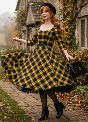 Gelbes Damen Kleid mit Schottischem Karomuster "Aurora"