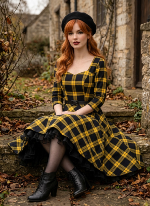 Gelbes Damen Kleid mit Schottischem Karomuster Aurora - 50er Jahre Petticoat Swing Kleid Langarm mit Tartan Schottenmuster 50er Jahre Kleid Damen Gelb schwarzes Kleid Tartan Kleid Damen Schottenmuster Kleid Karokleid Vintage Swing Kleid Langarm Petticoat Kleid Damen Vintage Kleid Herbst Retro Kleid Damen Forever Fifties Kleid britischer Country Style Winterkleid Damen elegant Tellerrock Kleid Damen Vintage Mode Damen festliches Tartan Kleid