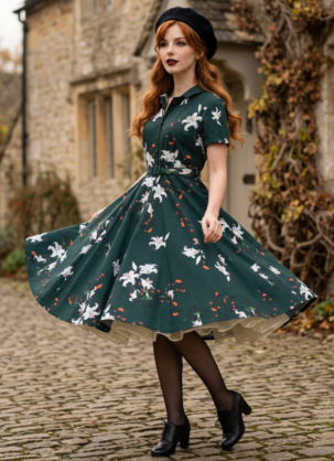 Vestido camisero para mujer, vestido floral, vestido de flores para mujer, vestido camisero vintage para mujer, vestido de los años 50, vestido verde, vestido de otoño para mujer, vestido de algodón para mujer, vestido Swing para mujer, vestido circular para mujer, vestido retro para mujer, vestido floral para mujer, vestido Forever Fifties, vestido rockabilly, vestido con enagua para mujer