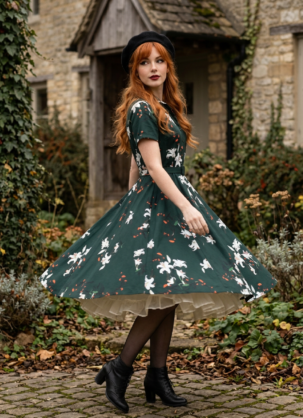 Vestido camisero para mujer, vestido floral, vestido de flores para mujer, vestido camisero vintage para mujer, vestido de los años 50, vestido verde, vestido de otoño para mujer, vestido de algodón para mujer, vestido Swing para mujer, vestido circular para mujer, vestido retro para mujer, vestido floral para mujer, vestido Forever Fifties, vestido rockabilly, vestido con enagua para mujer