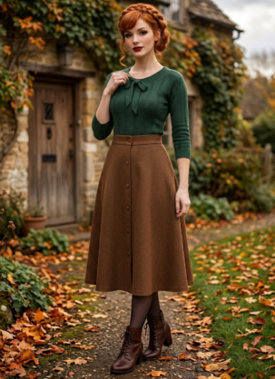 Jupe kaki style cottagecore, jupe marron A-Linie pour femme, jupe marron vintage pour femme, jupe marron rétro pour femme, jupe marron Midirock vintage A-Linie avec patte de boutonnage, jupe marron taille haute pour femme, jupe style années 50, jupe style années 40 pour femme, vêtements cottagecore vintage, jupe marron élégante pour femme, jupe rétro « rat de bibliothèque » (interdite), jupe marron rétro vintage Midirock, jupe marron A-Linie avec boutons pour femme