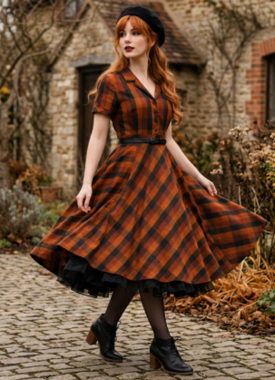 Oranges Damen Hemdblusenkleid mit Karomuster Tina - Kariertes Damen Kleid Vintage Blusenkleid mit Tellerrock Herbstkleid von Forever Fifties Hemdblusenkleid Damen Kariertes Kleid Damen Vintage Hemdblusenkleid 50er Jahre Kleid Karokleid Damen Herbstkleid Damen Swing Kleid Damen Tellerkleid Damen Retro Damenkleid Baumwollkleid Damen Orange kariertes Kleid Kleid mit Knopfleiste Forever Fifties Kleid Rockabilly Kleid Damen Petticoat Kleid