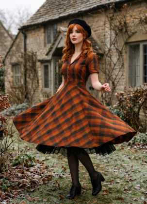 Oranges Damen Hemdblusenkleid mit Karomuster Tina - Kariertes Damen Kleid Vintage Blusenkleid mit Tellerrock Herbstkleid von Forever Fifties Hemdblusenkleid Damen Kariertes Kleid Damen Vintage Hemdblusenkleid 50er Jahre Kleid Karokleid Damen Herbstkleid Damen Swing Kleid Damen Tellerkleid Damen Retro Damenkleid Baumwollkleid Damen Orange kariertes Kleid Kleid mit Knopfleiste Forever Fifties Kleid Rockabilly Kleid Damen Petticoat Kleid