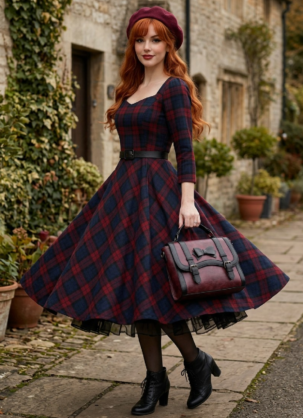 Robe rouge et bleue pour femme à motif écossais à carreaux " Aurora "