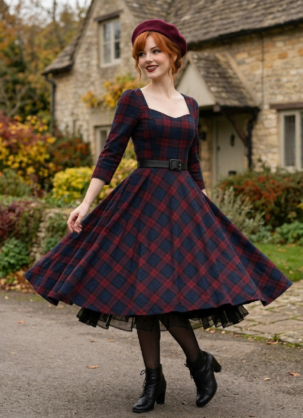 Robe rouge et bleue à carreaux écossais Aurora - Robe trapèze à jupon des années 1950, manches longues, style tartan, robe années 1950, robe tartan femme, robe à carreaux, robe trapèze vintage, robe à jupon manches longues, robe vintage femme, robe rétro automne, robe Forever Fifties femme, robe jupe cercle style vintage britannique, robe à carreaux festive femme, robe d'automne vintage, sac Voyager, sac vintage, tenue vintage femme