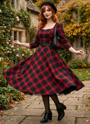 50er Jahre Kleid Damen Rot blaues Kleid Tartan Kleid Damen Schottenmuster Kleid Karokleid Vintage Swing Kleid Langarm Petticoat Kleid Damen Vintage Kleid Herbst Retro Kleid Damen Forever Fifties Kleid britischer Country Style Winterkleid Damen elegant Tellerrock Kleid Damen Rose Garden Bag Vintage Mode Damen