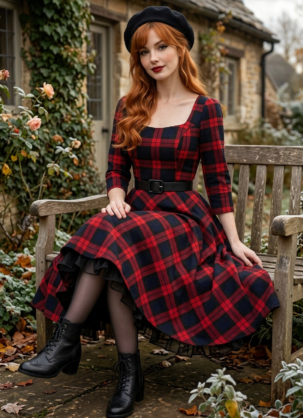 Rot Blaues Damen Kleid mit Schottischem Karomuster Greta - 50er Jahre Petticoat Swing Kleid Langarm mit Tartan Schottenmuster 50er Jahre Kleid Damen Rot blaues Kleid Tartan Kleid Damen Schottenmuster Kleid Karokleid Vintage Swing Kleid Langarm Petticoat Kleid Damen Vintage Kleid Herbst Retro Kleid Damen Forever Fifties Kleid britischer Country Style Winterkleid Damen elegant Tellerrock Kleid Damen Rose Garden Bag Vintage Mode Damen