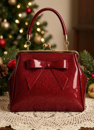 Röd festlig glitterhandväska i lackläder “American Vintage” - Mörkröd vintage axelväska för kvinnor, Satchel-väska från Banned Retro i 50-talsstil, Röd julhandväska, Mörkröd vintagehandväska, Röd glitterhandväska, Festlig damhandväska, Julhandväska, Retro aftonväska för kvinnor, Väska för julfest, Nyårsaftonhandväska, Rockabillyhandväska, 50-talshandväska, Vintage axelväska, Damhandväska med rosett, Röd retroväska, Julaccessoarer, Festlig vintageväska för kvinnor