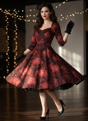 Vestido festivo, vestido de manga larga para mujer, vestido swing para mujer, vestido jacquard de manga larga, vestido barroco para mujer, vestido vintage para mujer, vestido retro festivo, vestido con enagua de los años 50, vestido de Navidad para mujer, vestido de noche para mujer, vestido vintage negro y rojo, vestido de cóctel para mujer, vestido Forever Fifties de manga larga, elegante vestido swing, ropa de noche vintage para mujer