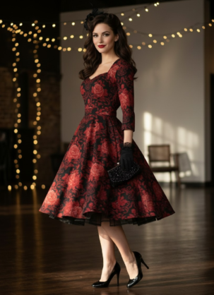 Vestido festivo, vestido de manga larga para mujer, vestido swing para mujer, vestido jacquard de manga larga, vestido barroco para mujer, vestido vintage para mujer, vestido retro festivo, vestido con enagua de los años 50, vestido de Navidad para mujer, vestido de noche para mujer, vestido vintage negro y rojo, vestido de cóctel para mujer, vestido Forever Fifties de manga larga, elegante vestido swing, ropa de noche vintage para mujer