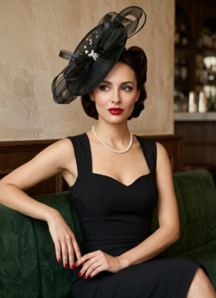 Tocado negro para mujer, tocado grande para mujer, tocado vintage para mujer, tocado elegante para mujer, tocado de boda, tocado festivo para mujer, sombrero de cóctel para mujer, sombrero vintage para mujer, tocado de los años 50 para mujer, tocado de los años 40, tocado rockabilly, tocado de sinamay, tocado con cuentas, tocado retro prohibido