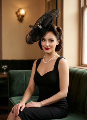 Tocado negro para mujer, tocado grande para mujer, tocado vintage para mujer, tocado elegante para mujer, tocado de boda, tocado festivo para mujer, sombrero de cóctel para mujer, sombrero vintage para mujer, tocado de los años 50 para mujer, tocado de los años 40, tocado rockabilly, tocado de sinamay, tocado con cuentas, tocado retro prohibido