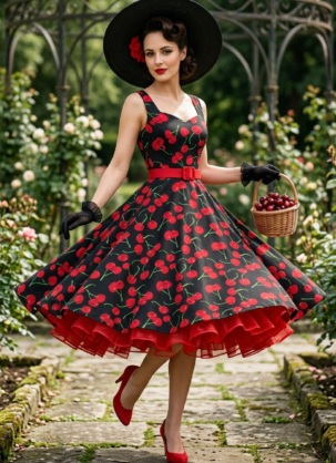 Robe vintage noire à jupon à motif cerises " Leni ", robe d'été pour femme, robe rétro années 50 à imprimé cerises