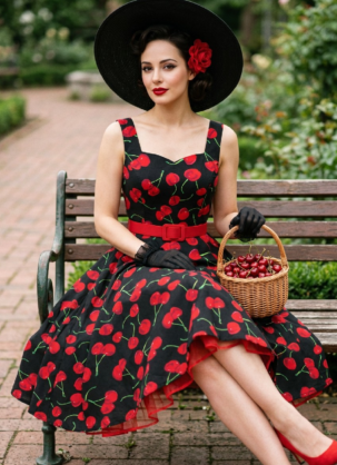 Robe vintage noire à jupon à motif cerises " Leni ", robe d'été pour femme, robe rétro années 50 à imprimé cerises