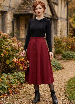 Jupe bordeaux style cottagecore, jupe trapèze bordeaux pour femme, jupe vintage pour femme, jupe rétro pour femme, jupe midi bordeaux, jupe trapèze vintage à patte de boutonnage, jupe taille haute pour femme, jupe années 50, jupe années 40 pour femme, vêtements cottagecore vintage, élégante jupe bordeaux pour femme, jupe rétro « rat de bibliothèque » (bannie), jupe midi vintage, jupe trapèze rétro bordeaux pour femme, jupe vintage pour femme