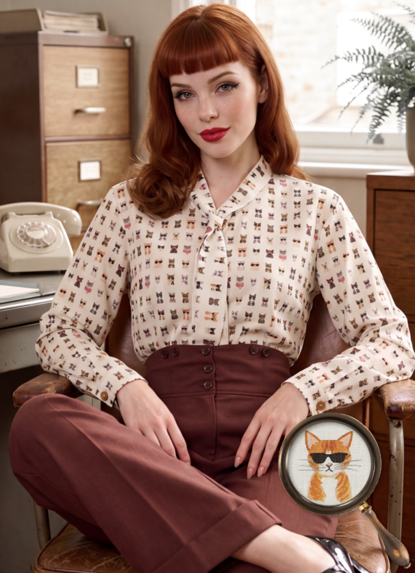 Camicetta da donna bianca retrò anni '60 con motivo gatto "Cool Cat" – Camicetta da donna retrò bianca Camicetta da donna anni '60 Camicetta da donna vintage Camicetta bianca con gatto Camicetta da donna con motivo gatto Camicetta con fiocco Gatto Colletto marinaio Camicetta da donna Camicetta retrò con gatto Camicetta vintage con gatto Camicetta bianca con fiocco Camicetta da donna retrò Cool Cat Rockabilly vietata Camicetta da donna retrò Top da donna Moda vintage Camicetta da donna con stampa gatto
